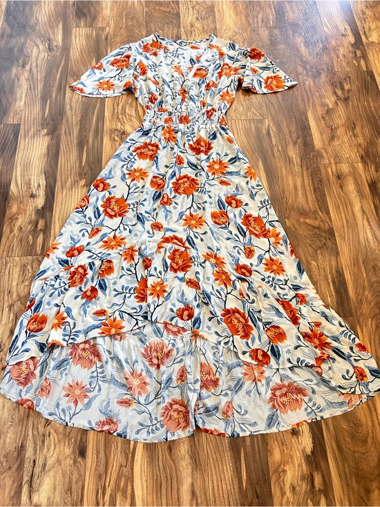 Anthropologie Dresses & Skirts - Anthropologie Abel the Label Maxi Dress Floral Sz Large Orange and Blue Hi Low